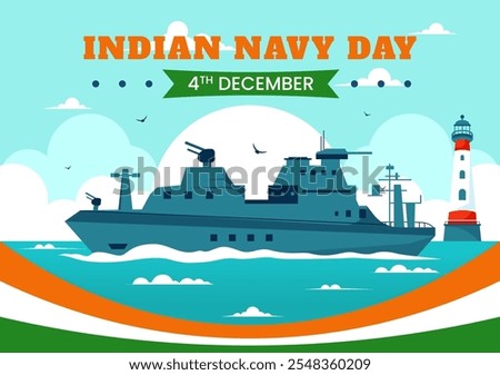 Indian Navy Day Vector Illustration on December 4, Featuring Fighter Ships, Saluting Soldiers, and Military Appreciation in a Flat Style Background
