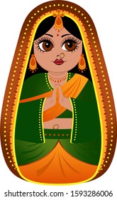 Indian nesting doll in sari, folded hands on a plea, vector illustration