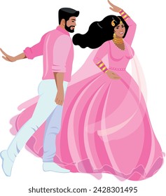 Pareja india recién casada bailando el primer baile en la boda Novia y novio en ropa moderna y elegante india Vector