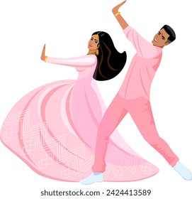 Indian newlyweds dance joyfully at their wedding. Bride and groom in soft pink wedding suits  Vector