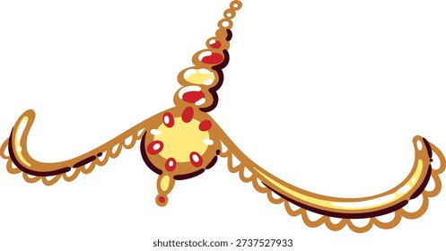Indian nose ring icon. Golden nath jewelry with chain, round pendant, red accents, curved shapes, traditional ornament detail. Nose ring travel symbol, cartoon doodle vector illustration.