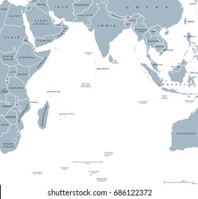 Indian Ocean political map with countries and borders. English labeling. Bounded by Asia, Africa, Australia and Antarctica. Named after the country India. Gray illustration on white background. Vector