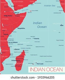 Indian Ocean Region Detailed Editable Map With Regions Cities And Towns, Geographic Sites. Vector EPS-10 File