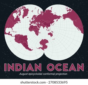 Océano Índico Mapa mundial. Proyección conforme epicicloidal de agosto centrada en el Océano Índico. Pale Mint Dark Pink. Textura de Antiguas. Ilustración vectorial moderna.