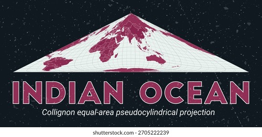 Indian Ocean. World map. Collignon equal-area pseudocylindrical projection centered to Indian Ocean. Pale Mint Dark Pink palette. Vintage texture. Awesome vector illustration.