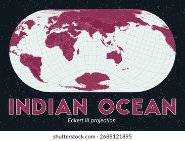 Indischer Ozean. Weltkarte. Eckert III Projektion zentriert auf den Indischen Ozean. Pale Mint Dunkelrosa Palette. Vintage-Textur. Erstaunliche Vektorgrafik.