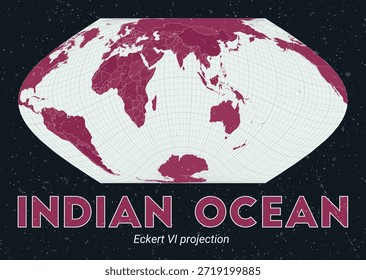 Océano Índico Mapa mundial. Proyección Eckert VI centrada en el Océano Índico. Pale Mint Dark Pink. Textura de Antiguas. Una Ilustración vectorial increíble.