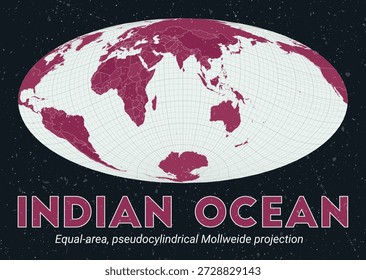 Indian Ocean. World map. Equal-area, pseudocylindrical Mollweide projection centered to Indian Ocean. Pale Mint Dark Pink palette. Vintage texture. Classy vector illustration.