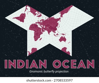 Indian Ocean. World map. Gnomonic butterfly projection centered to Indian Ocean. Pale Mint Dark Pink palette. Vintage texture. Elegant vector illustration.