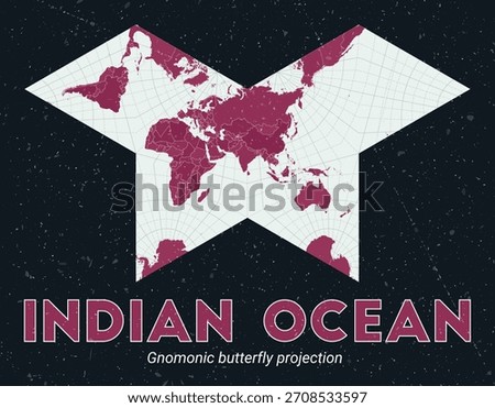 Indian Ocean. World map. Gnomonic butterfly projection centered to Indian Ocean. Pale Mint Dark Pink palette. Vintage texture. Elegant vector illustration.