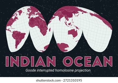Indian Ocean. World map. Goode interrupted homolosine projection centered to Indian Ocean. Pale Mint Dark Pink palette. Vintage texture. Classy vector illustration.