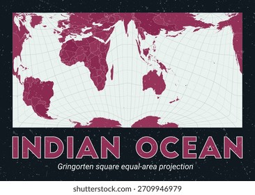 Océano Índico Mapa mundial. Proyección cuadrada de igual área de Gringorten centrada en el Océano Índico. Pale Mint Dark Pink. Textura de Antiguas. Ilustración vectorial viva.