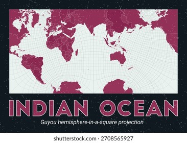 Indischer Ozean. Weltkarte. Guyou-Hemisphäre-in-einem-Quadrat-Projektion zentriert auf den Indischen Ozean. Pale Mint Dunkelrosa Palette. Vintage-Textur. Schöne Vektorgrafik.