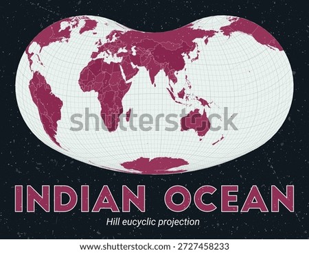 Indian Ocean. World map. Hill eucyclic projection centered to Indian Ocean. Pale Mint Dark Pink palette. Vintage texture. Authentic vector illustration.