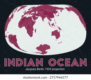 Indian Ocean. World map. Jacques Bertin 1953 projection centered to Indian Ocean. Pale Mint Dark Pink palette. Vintage texture. Artistic vector illustration.