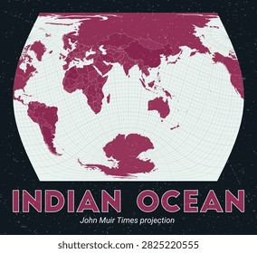 Indian Ocean. World map. John Muir Times projection centered to Indian Ocean. Pale Mint Dark Pink palette. Vintage texture. Authentic vector illustration.