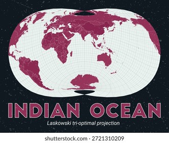 Indischer Ozean. Weltkarte. Laskowski trioptimale Projektion zentriert auf den Indischen Ozean. Pale Mint Dunkelrosa Palette. Vintage-Textur. Moderne Vektorgrafik.