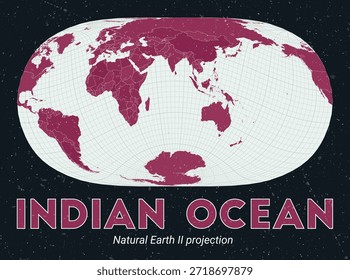 Indian Ocean. World map. Natural Earth II projection centered to Indian Ocean. Pale Mint Dark Pink palette. Vintage texture. Neat vector illustration.
