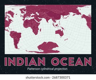 Indian Ocean. World map. Patterson cylindrical projection centered to Indian Ocean. Pale Mint Dark Pink palette. Vintage texture. Appealing vector illustration.
