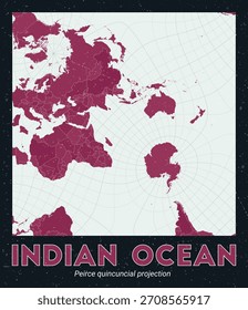 Indischer Ozean. Weltkarte. Quincuncial Projektion zentriert auf den Indischen Ozean. Pale Mint Dunkelrosa Palette. Vintage-Textur. Erstaunliche Vektorgrafik.
