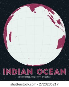 Océano Índico Mapa mundial. Proyección satelital (perspectiva inclinada) centrada en el Océano Índico. Pale Mint Dark Pink. Textura de Antiguas. Ilustración vectorial con estilo.