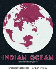 Oceano Índico. Mapa do mundo. Projeção de Van der Grinten centrada no Oceano Índico. Paleta de menta pálida rosa escuro. Textura vintage. Ilustração de vetor ativo.