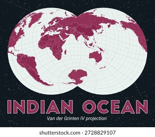 Indian Ocean. World map. Van der Grinten IV projection centered to Indian Ocean. Pale Mint Dark Pink palette. Vintage texture. Classic vector illustration.