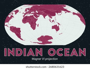 Oceano Índico. Mapa do mundo. A projeção de Wagner VI é centrada no Oceano Índico. Paleta de menta pálida rosa escuro. Textura vintage. Ilustração de vetor artístico.