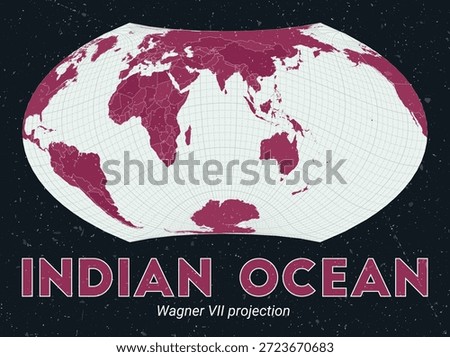 Indian Ocean. World map. Wagner VII projection centered to Indian Ocean. Pale Mint Dark Pink palette. Vintage texture. Charming vector illustration.