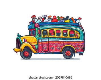 Indian old bus journey cute vector illustration