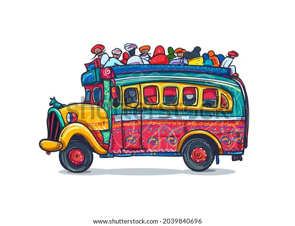Indian old bus\
journey cute vector\
illustration