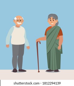 Indian old couple illustration, women in saree vector, grandparents 