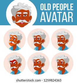 Indian Old Man Avatar Set Vector. Face Emotions. Hindu. Asian. Senior Person Portrait. Elderly People. Aged. User, Character. Fun, Cheerful. Cartoon Head Illustration