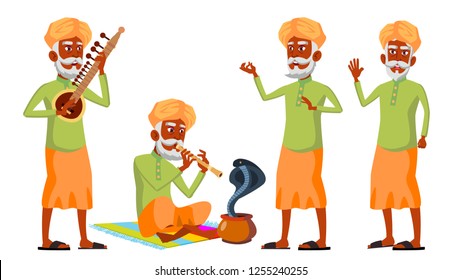 Indian Old Man Poses Set Vector. Hindu. Asian. Elderly People. Senior Person. Aged. Snake Cobra Dance. Advertisement, Greeting, Announcement Design. Isolated Cartoon Illustration
