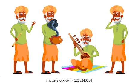 Indian Old Man Poses Set Vector. Hindu. Asian. Elderly People. Senior Person. Aged. Snake Cobra Dance. Web, Brochure, Poster Design. Isolated Cartoon Illustration
