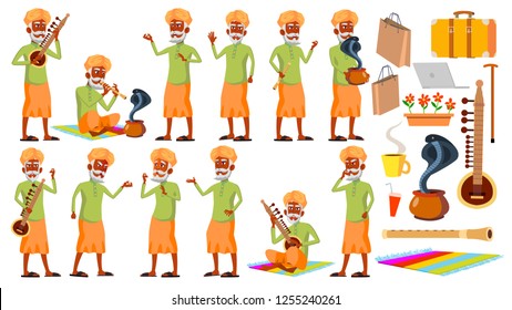 Indian Old Man Poses Set Vector. Hindu. Asian. Elderly People. Senior Person. Aged. Snake Cobra Dance. Presentation, Invitation, Card Design. Isolated Cartoon Illustration
