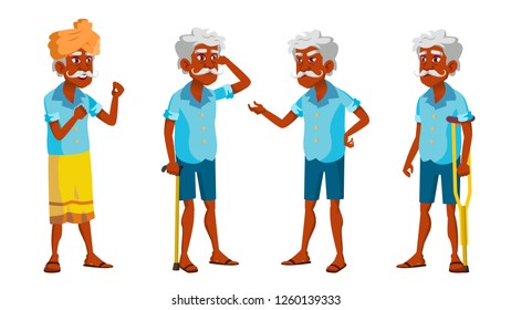 Indian Old Man Poses Set Vector. Elderly People. Senior Person. Aged. Friendly Grandparent. Hindu. Asian. Banner, Flyer, Brochure Design. Isolated Cartoon Illustration