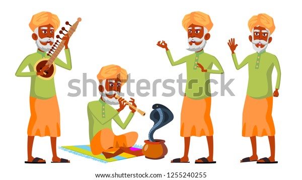 Indian Old Man Poses Set Vector. Hindu.\
Asian. Elderly People. Senior Person. Aged. Snake Cobra Dance.\
Advertisement, Greeting, Announcement Design. Isolated Cartoon\
Illustration\
