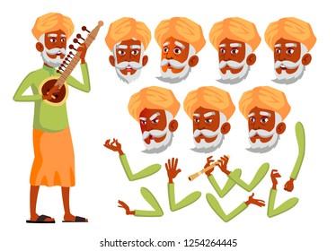 Indian Old Man Vector. Hindu. Asian. Senior Person. Aged, Elderly People. Friends, Life. Face Emotions, Various Gestures. Animation Creation Set. Isolated Flat Cartoon Character Illustration
