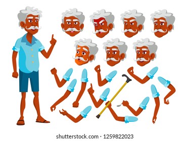 Indian Old Man Vector. Senior Person. Aged, Elderly People. Leisure, Smile. Face Emotions, Various Gestures. Animation Creation Set. Isolated Flat Cartoon Character Illustration