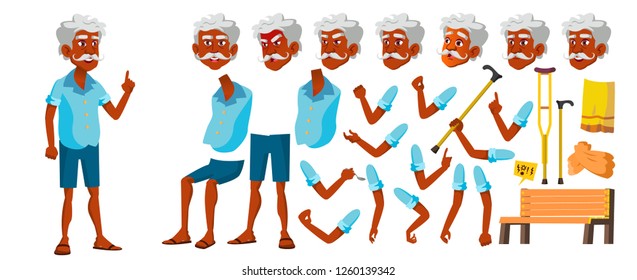 Indian Old Man Vector. Senior Person Portrait. Elderly People. Aged. Animation Creation Set. Face Emotions, Gestures. Hindu. Asian. Lifestyle. Advertising. Animated. Isolated Cartoon Illustration