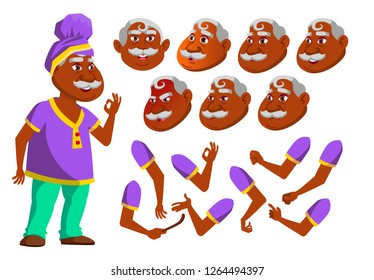Indian Old Man Vector. Senior Person. Aged Hindu. Asian. Active, Expression. Face Emotions, Various Gestures. Animation Creation Set. Isolated Flat Cartoon Character Illustration
