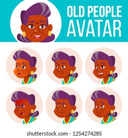 Indian Old Woman Avatar Set Vector. Hindu. Asian. Face Emotions. Senior Person Portrait. Elderly People. Aged. Facial, People. Active, Joy. Cartoon Head Illustration
