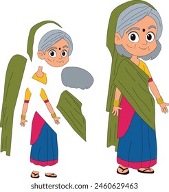 indian old woman cartoon illustration model sheet