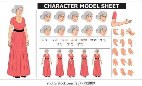 Indian Old Woman in Pink Frock Sprite Sheet | Rigged 2D Character with Lip Sync, Walk Cycle, Eye Blink, Eyebrow Expressions, and Hand Sync | Ready-to-Use for Animation