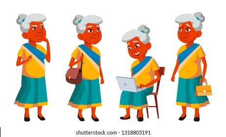 Indian Old Woman Poses Set Vector. Elderly People. Senior Person. Aged. Friendly Grandparent. Banner, Flyer, Brochure Design. Isolated Illustration