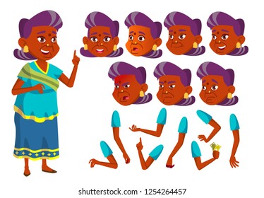 Indian Old Woman Vector. Hindu. Asian. Senior Person. Aged, Elderly People. Emotional, Pose. Face Emotions, Various Gestures. Animation Creation Set. Isolated Flat Cartoon Character Illustration
