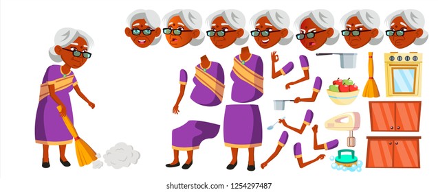 Indian Old Woman Vector. Hindu. Asian. Senior Person Portrait. Sari. Elderly People. Aged. Animation Creation Set. Face Emotions, Gestures. Beautiful Retiree. Life Design. Animated.  Illustration