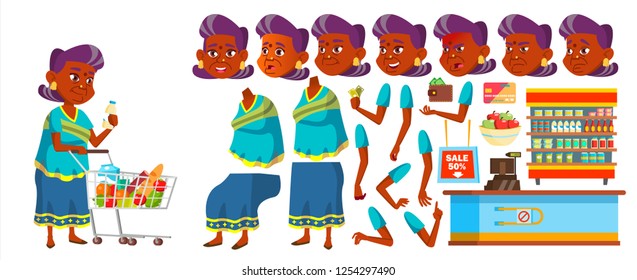 Indian Old Woman Vector. Senior Person Portrait. Elderly. Aged. Animation Creation Set. Sari. Face Emotions, Gestures. Funny Pensioner. Leisure. Cover Design. Animated. Isolated Cartoon Illustration

