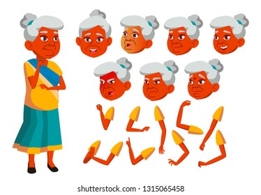 Indian Old Woman Vector. Senior Person. Aged, Elderly People. Positive. Face Emotions, Various Gestures. Animation Creation Set. Isolated Flat Cartoon Character Illustration